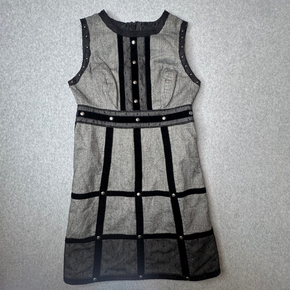 Anna Sui Studded Black Velvet Trim‎ Tweed Mini Dress Size 3 Anthropologie FLAW